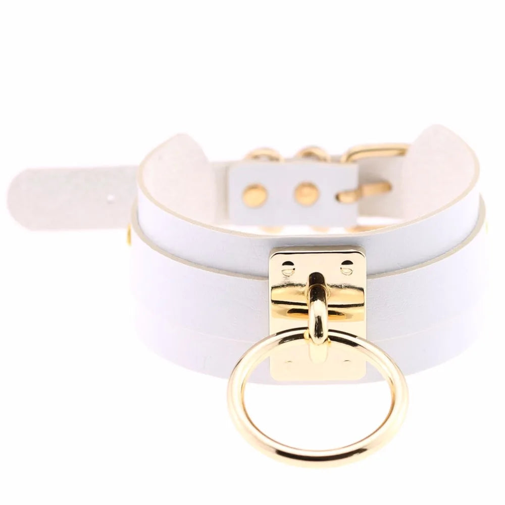 KMVEXO Women Men Cool Handmade Oversize Choker Necklace Fetish O Round Metal Gold Color Leather Collar Bondage Harness Necklaces