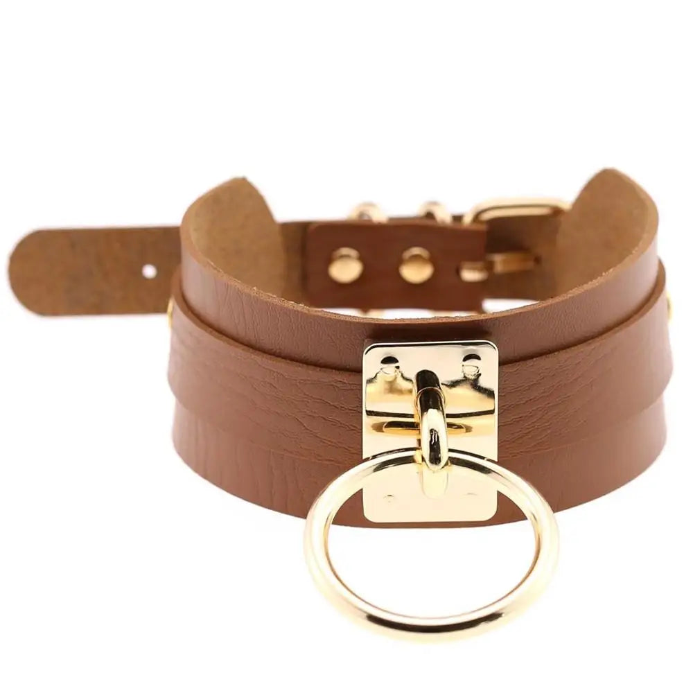 KMVEXO Women Men Cool Handmade Oversize Choker Necklace Fetish O Round Metal Gold Color Leather Collar Bondage Harness Necklaces