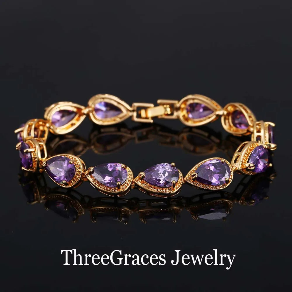 ThreeGraces Fashion Shiny Purple Water Drop Cubic Zirconia Crystal Bridal Wedding Party Bracelet for Women Jewelry BR053