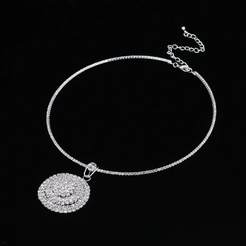 TREAZY Bridal Wedding Prom Crystal Jewelry Set Rhinestone Circle Pendant Choker Necklace Earrings Set Women African Jewelry Sets