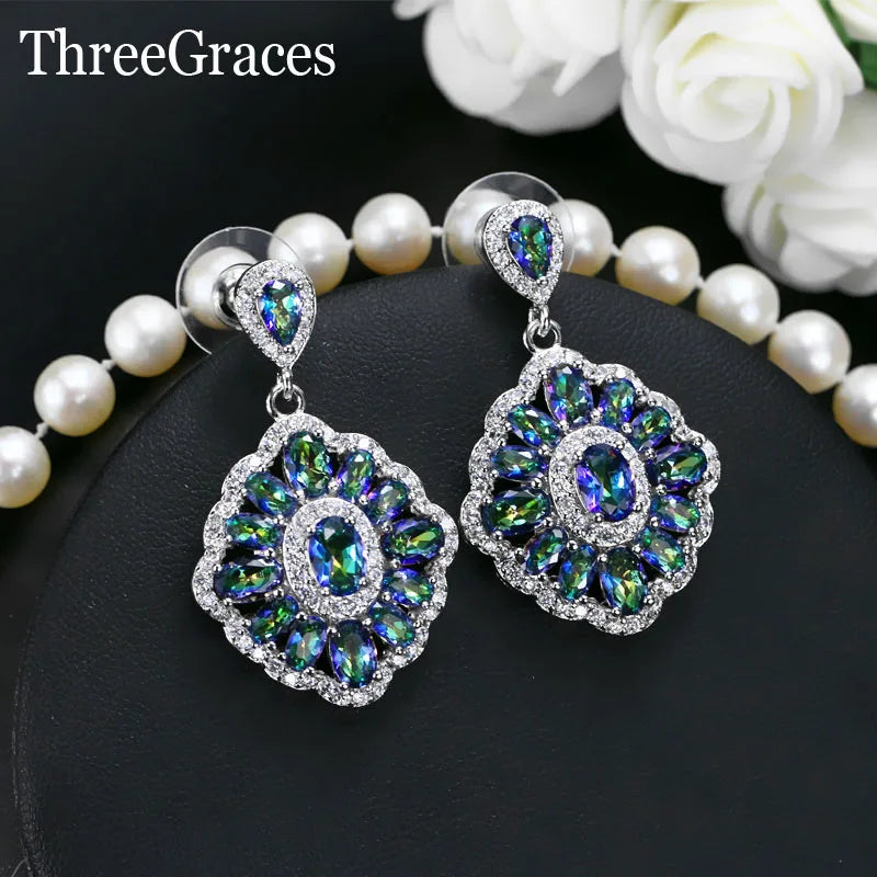 ThreeGraces Gorgeous Shiny Cubic Zirconia Crystal Sparkling Mystic Rainbow Light Blue Ladies Fashion Earrings Jewelry ER273