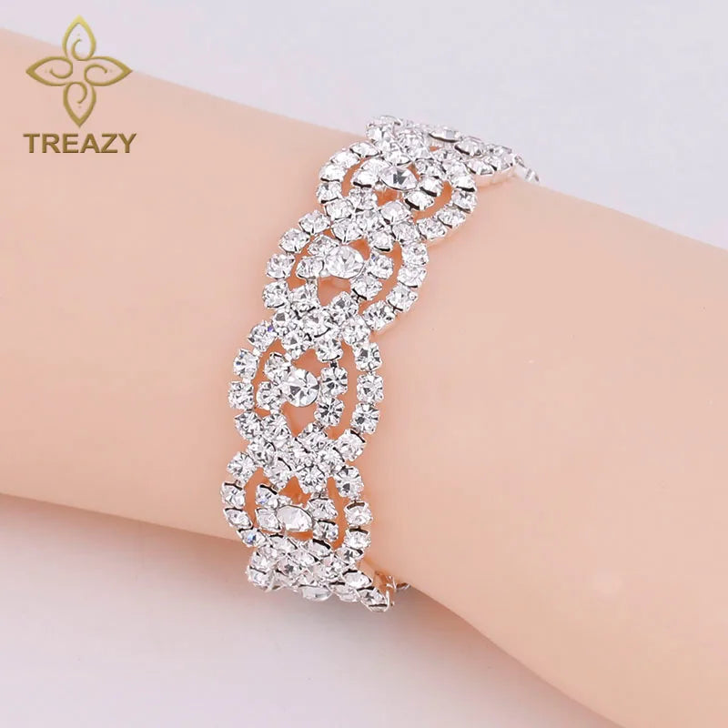 TREAZY Fashion Luxury Rhinestone Jewelry for Women Silver Plated Crystal Link Bracelets Bangles Wedding Party Accessories
