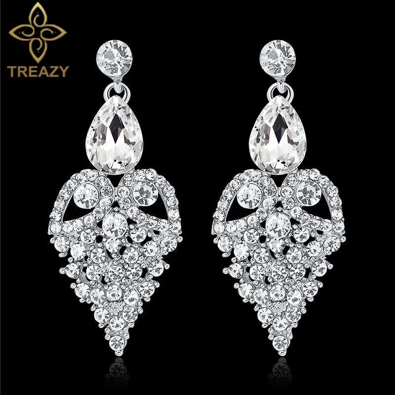 TREAZY Fashion Teardrop Heart Shape Crystal Wedding Earrings for Women Silver Color Bridal Drop Earrings Prom Wedding Jewelry