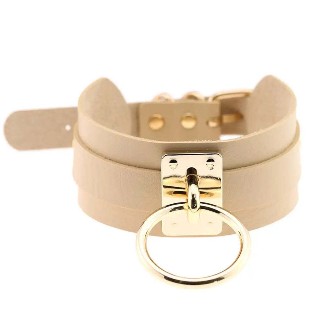 KMVEXO Women Men Cool Handmade Oversize Choker Necklace Fetish O Round Metal Gold Color Leather Collar Bondage Harness Necklaces