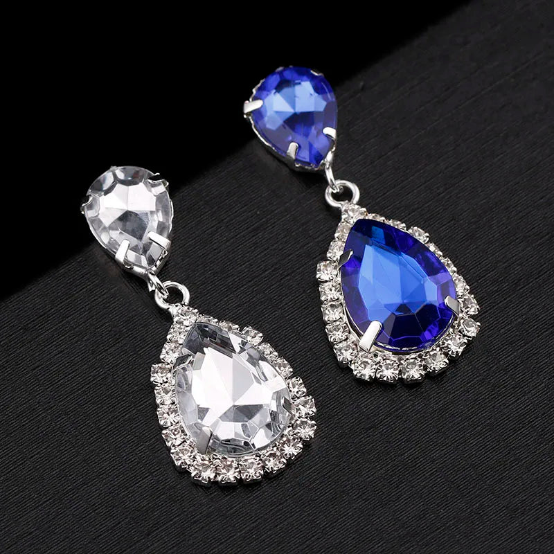 TREAZY Clear/Royal Blue Crystal Long Drop Earrings Elegant Teardrop Bridal Party Dangle Earrings Wedding Jewelry for Women