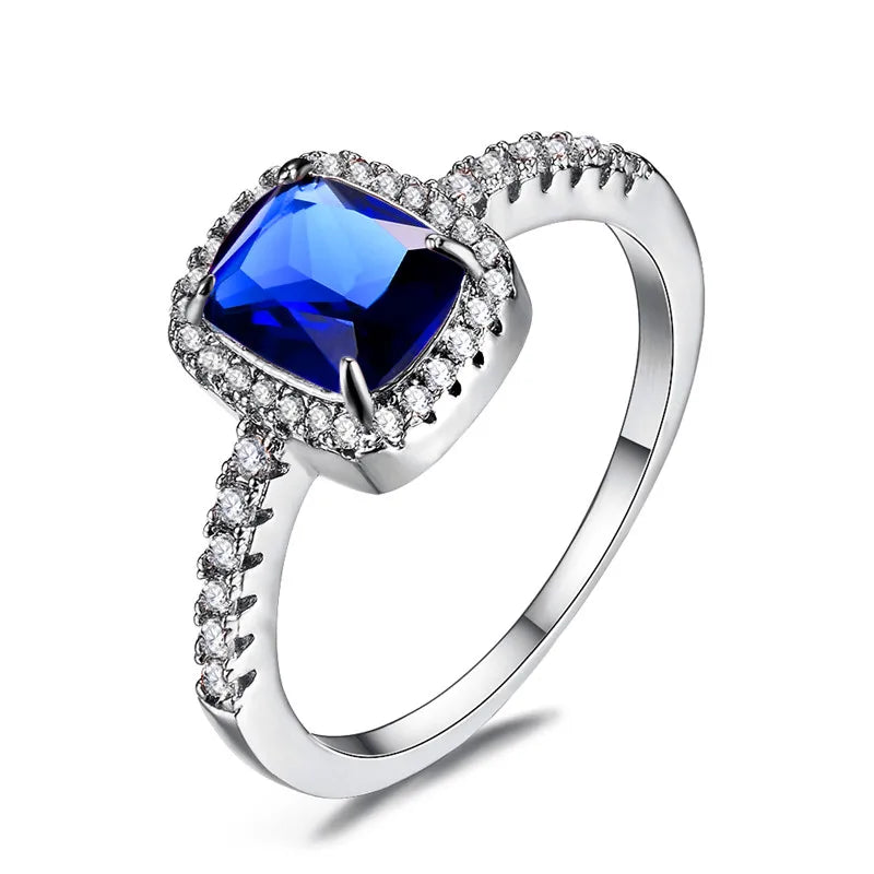 Luxury Female Girl Big Crystal CZ Stone Ring Silver Color White Blue Purple Green Wedding Rings For Women