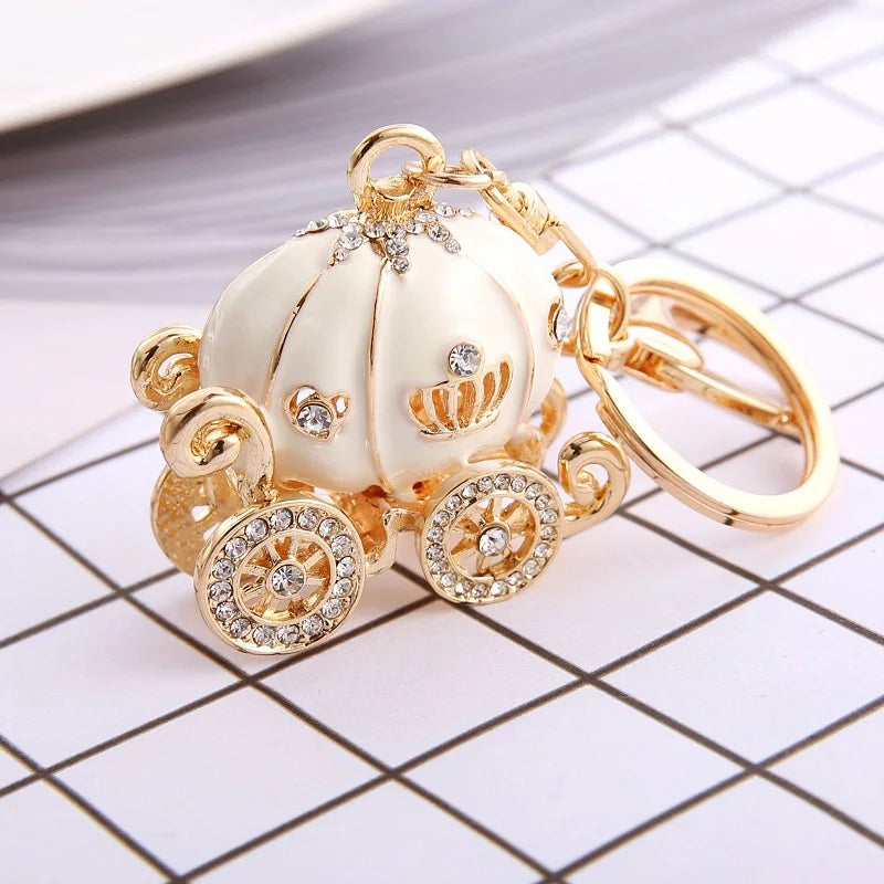 Lovely Cinderella Pumpkin Carriage Keychain Crystal Keyring Pendant Purse Bag Car Keychain
