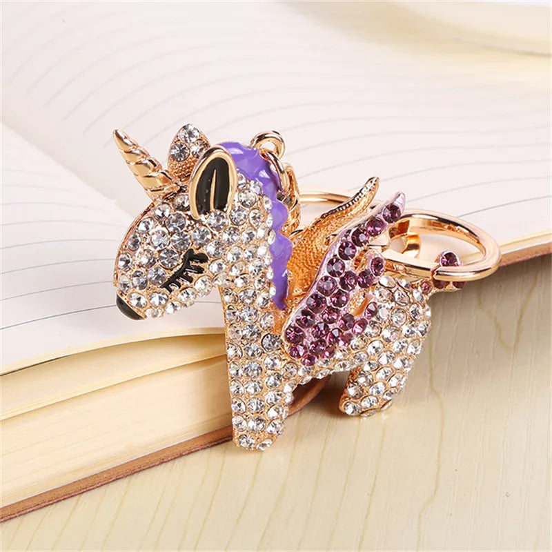 Fashion Full Crystal Rhinestone Unicorn Keychain Car keyrings Women's bags Decoration Accessories horse Pendants Jewelry