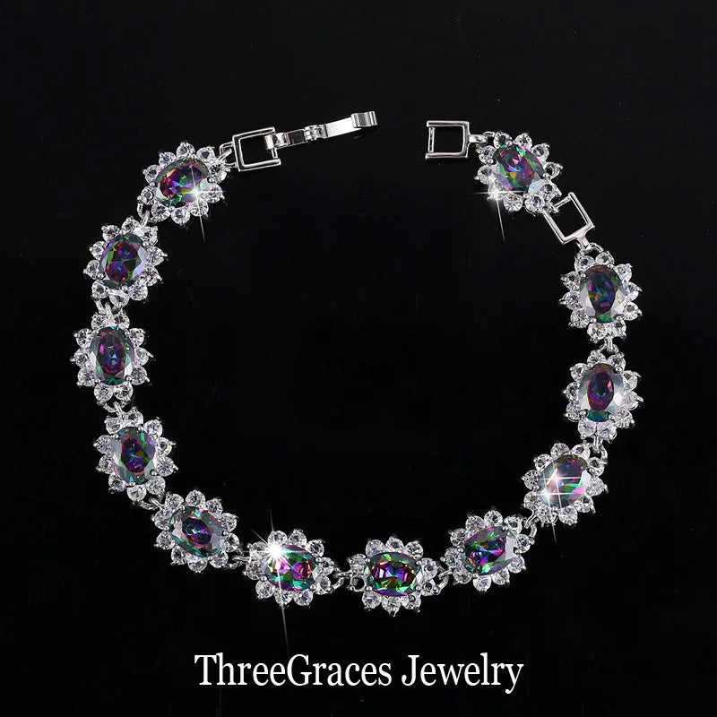 ThreeGraces Unique Mystic Rainbow Cubic Zirconia Crystal Bracelet Tennis Link Fashion Women Bridal Wedding Party Jewelry BR323
