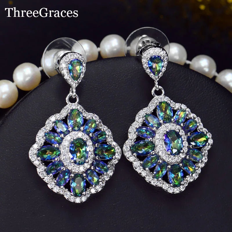 ThreeGraces Gorgeous Shiny Cubic Zirconia Crystal Sparkling Mystic Rainbow Light Blue Ladies Fashion Earrings Jewelry ER273