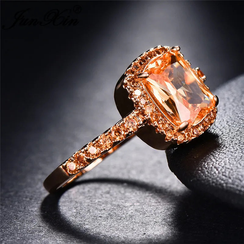 Cute Fashion Female Big Square Rose Gold Champagne Zircon Stone Jewelry For Women Promise Love Engagement Rings