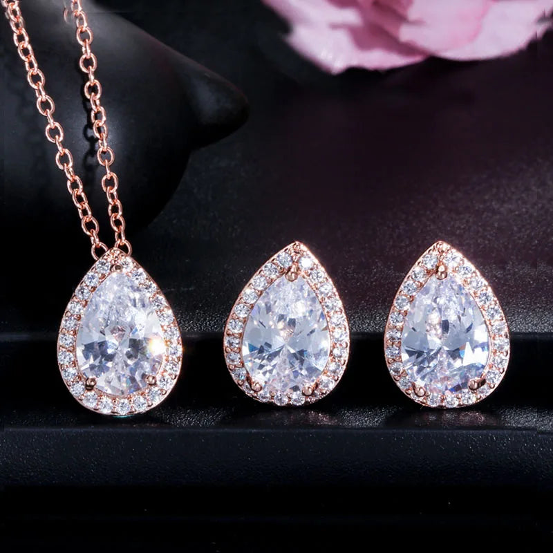 ThreeGraces Sweet Sparkling Water Drop Cubic Zirconia Fashion Necklace and Stud Earrings Party Jewelry Set for Women JS210
