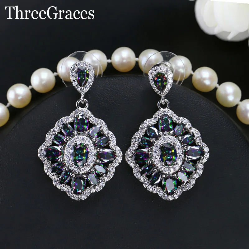 ThreeGraces Gorgeous Shiny Cubic Zirconia Crystal Sparkling Mystic Rainbow Light Blue Ladies Fashion Earrings Jewelry ER273