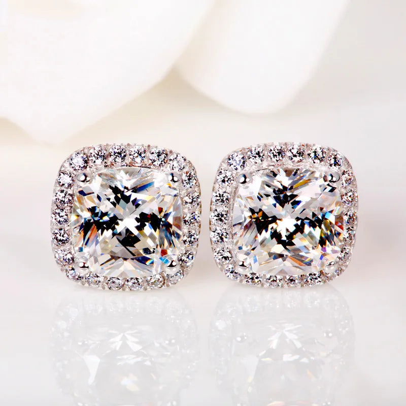 Luxury Female Crystal Zircon Stone Earrings Fashion Silver Color Yellow Double Stud Earrings For Women