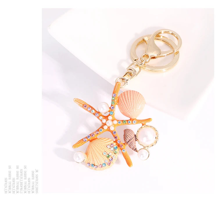 EASYA 2 Colors Sea World Crystal Starfish Keychain Fashion Simulated Pearl Shell Keyring Holders For Women Bag Car Key Chains