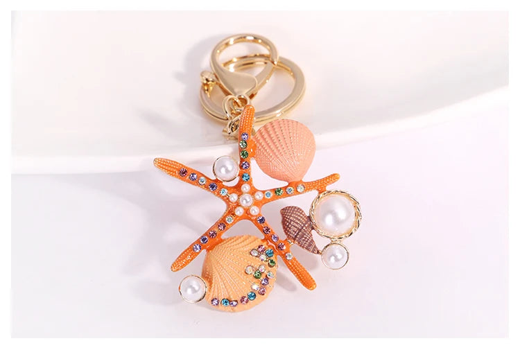 EASYA 2 Colors Sea World Crystal Starfish Keychain Fashion Simulated Pearl Shell Keyring Holders For Women Bag Car Key Chains