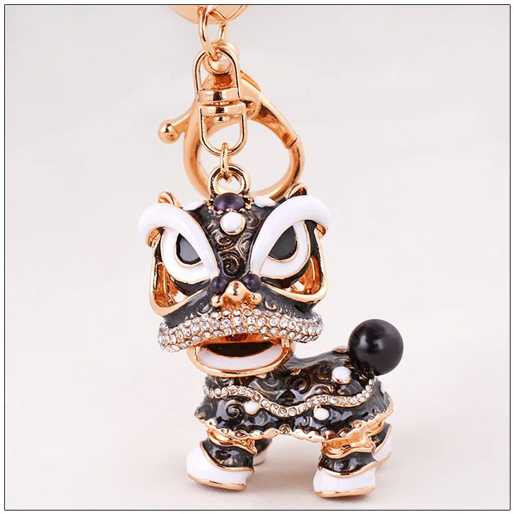 EASYA Chinese Lion Dance Chinatown GIFTS Rotatable Car Keychain Crystal Lucky Mascot Key Chain Ring  Souvenir