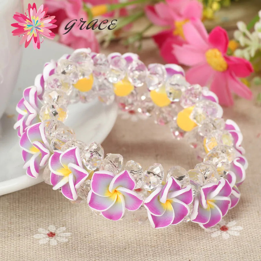 1pc/lot Handmade Cute Polymer Clay Frangipani Plumeria Hawaiian Flower Bracelets For Girls Women Holiday seaside Hawaii Jewelry