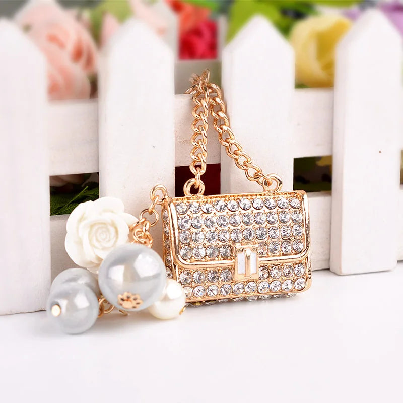 2025 Fashion Crystal bag Shape Flower Rhinestone Keychain for Women's bags Pendants Decoration Accessories Car keyrings Jewelry