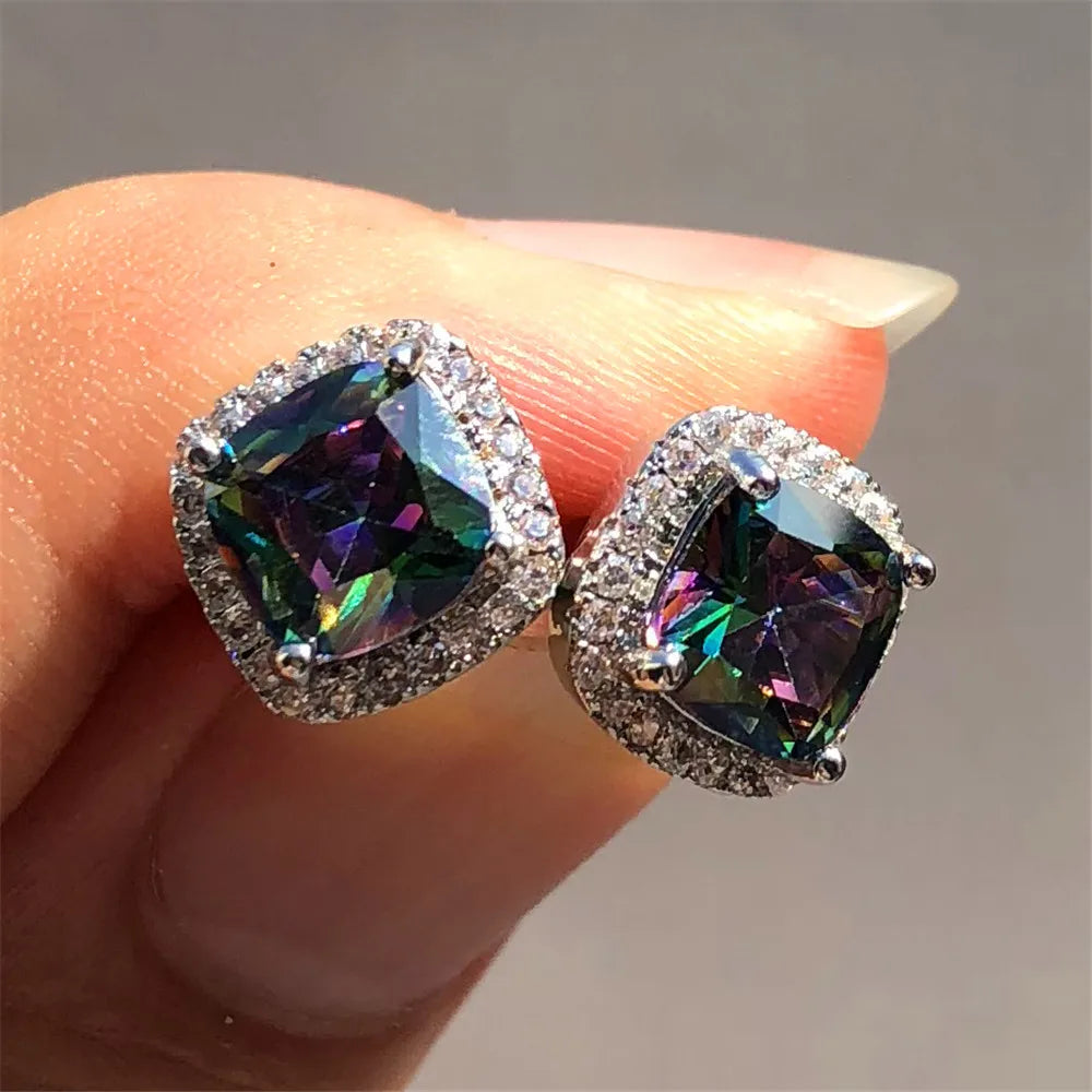 Luxury Female Crystal Zircon Stone Earrings Fashion Silver Color Yellow Double Stud Earrings For Women