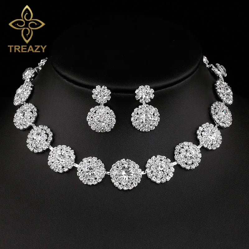 TREAZY Sparkling Silver Color Crystal Wedding Jewelry Set for Women Statement Choker Necklace Earrings Set Bridal Jewelry Set