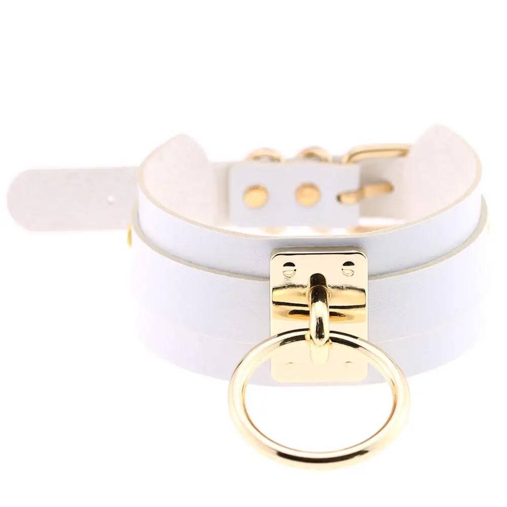 KMVEXO Women Men Cool Handmade Oversize Choker Necklace Fetish O Round Metal Gold Color Leather Collar Bondage Harness Necklaces