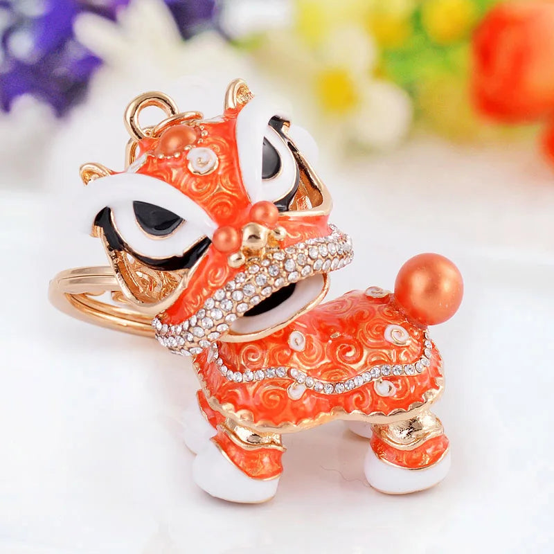 EASYA Chinese Lion Dance Chinatown GIFTS Rotatable Car Keychain Crystal Lucky Mascot Key Chain Ring  Souvenir