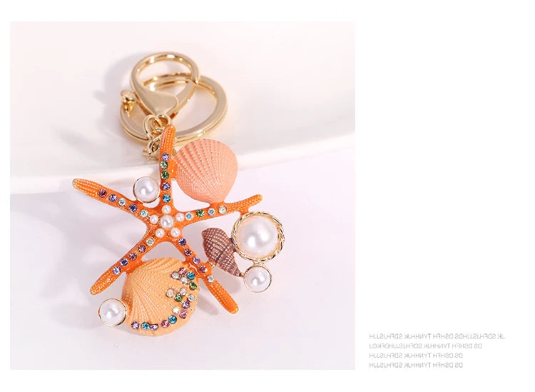 EASYA 2 Colors Sea World Crystal Starfish Keychain Fashion Simulated Pearl Shell Keyring Holders For Women Bag Car Key Chains