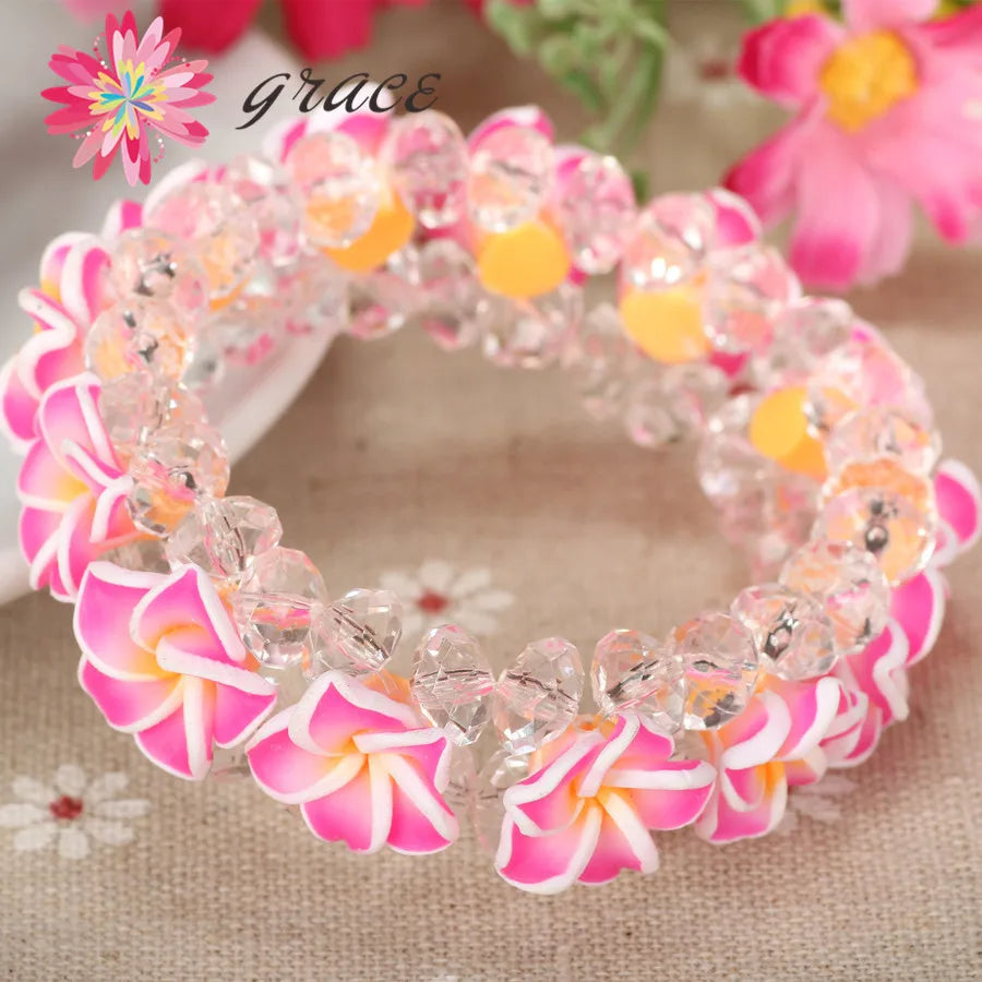 1pc/lot Handmade Cute Polymer Clay Frangipani Plumeria Hawaiian Flower Bracelets For Girls Women Holiday seaside Hawaii Jewelry
