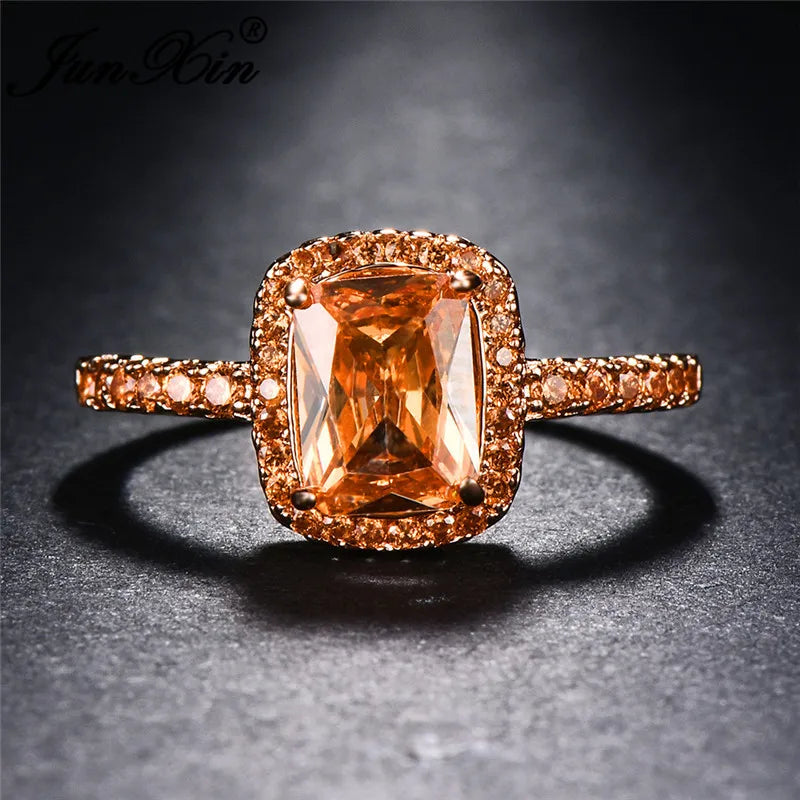 Cute Fashion Female Big Square Rose Gold Champagne Zircon Stone Jewelry For Women Promise Love Engagement Rings
