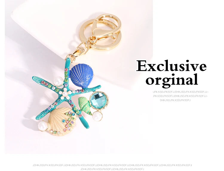EASYA 2 Colors Sea World Crystal Starfish Keychain Fashion Simulated Pearl Shell Keyring Holders For Women Bag Car Key Chains