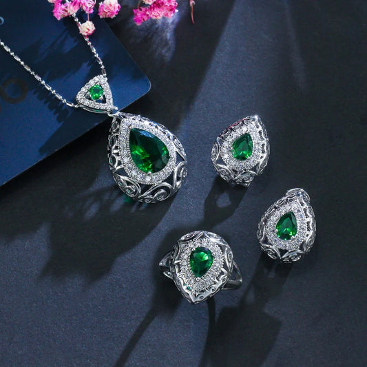 ThreeGraces 3pcs Elegant Green Cubic Zirconia Fashion Pendant Necklace  Earrings Ring Jewelry Set for Women Party Wear JS137