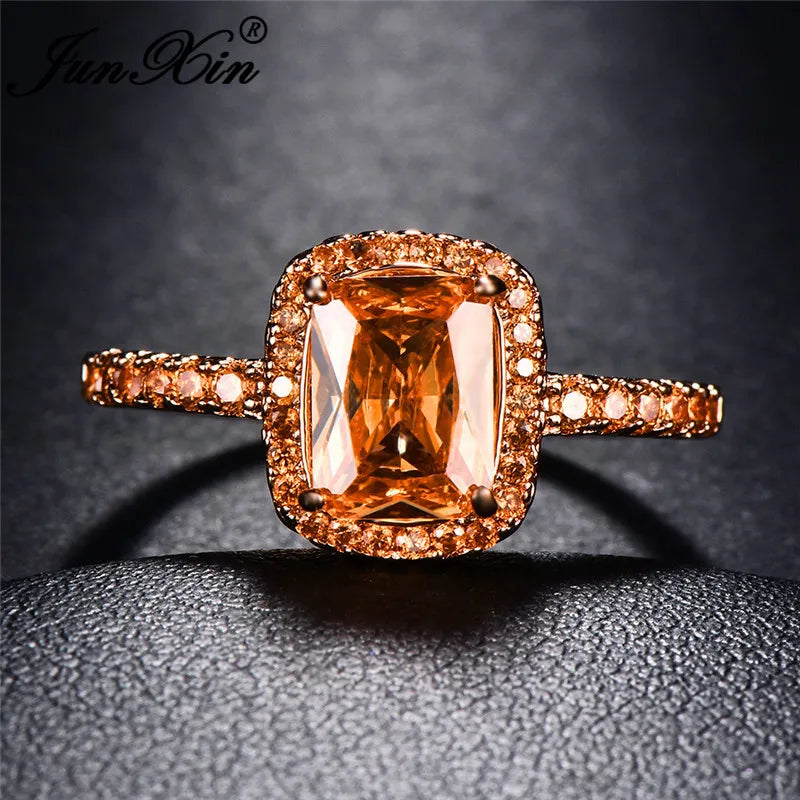 Cute Fashion Female Big Square Rose Gold Champagne Zircon Stone Jewelry For Women Promise Love Engagement Rings