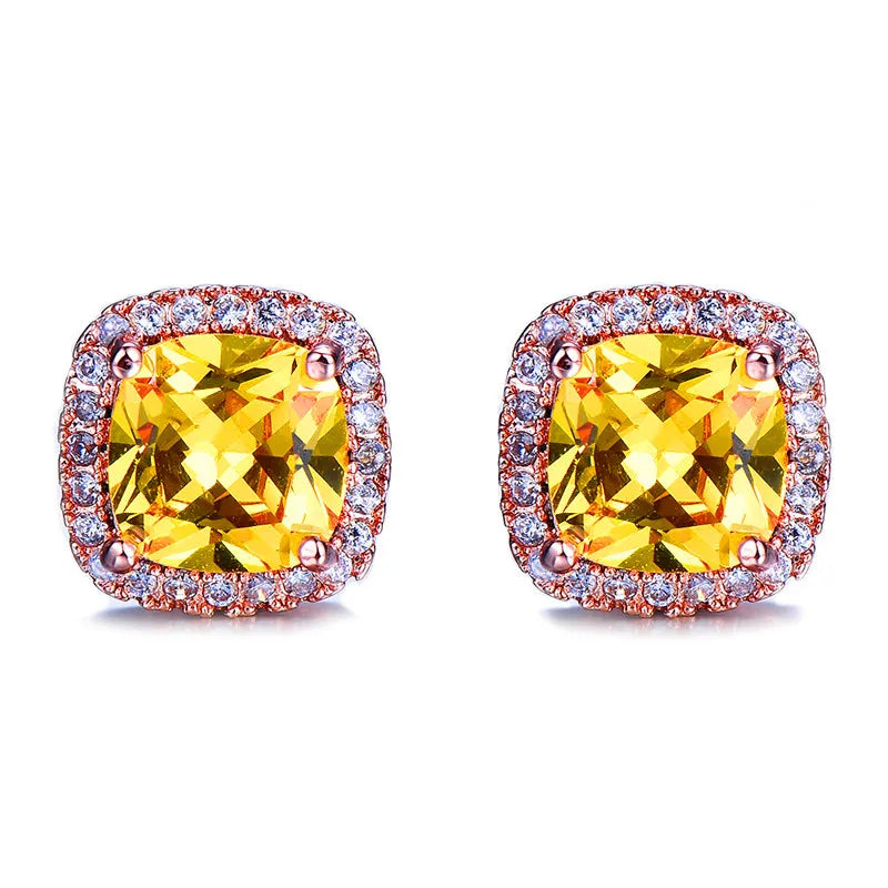 Luxury Female Crystal Zircon Stone Earrings Fashion Silver Color Yellow Double Stud Earrings For Women
