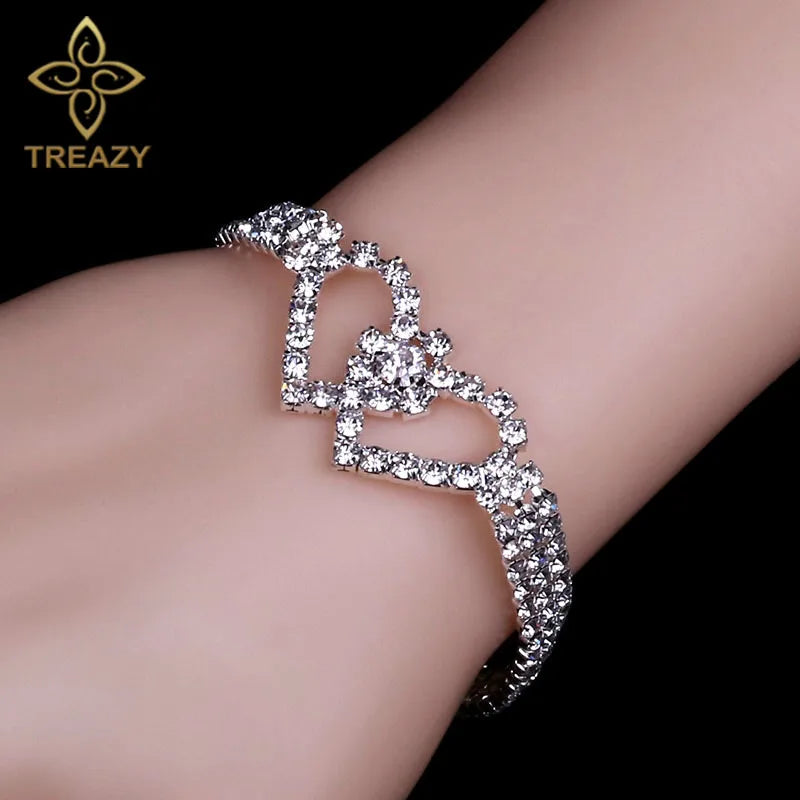 TREAZY Double Heart Crystal Bridal Bracelets For Women Silver Color Rhinestone Bracelets & Bangles Wedding Jewelry Accessories
