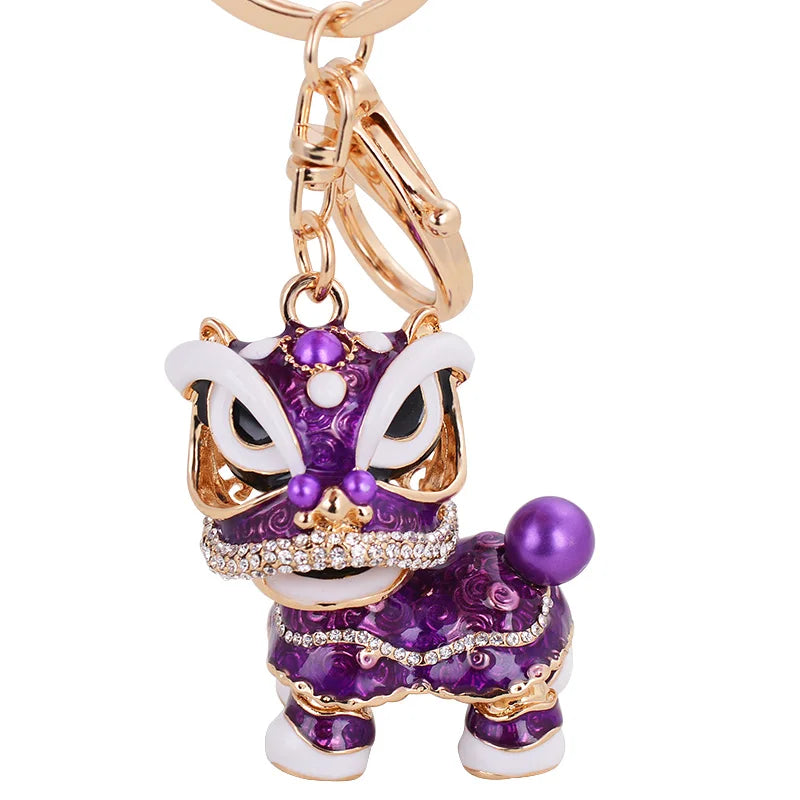 EASYA Chinese Lion Dance Chinatown GIFTS Rotatable Car Keychain Crystal Lucky Mascot Key Chain Ring  Souvenir