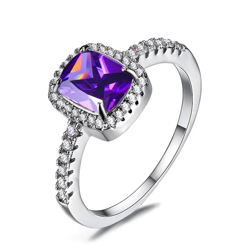 Luxury Female Girl Big Crystal CZ Stone Ring Silver Color White Blue Purple Green Wedding Rings For Women