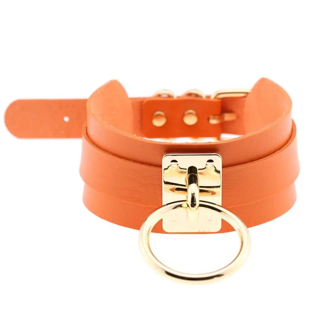 KMVEXO Women Men Cool Handmade Oversize Choker Necklace Fetish O Round Metal Gold Color Leather Collar Bondage Harness Necklaces