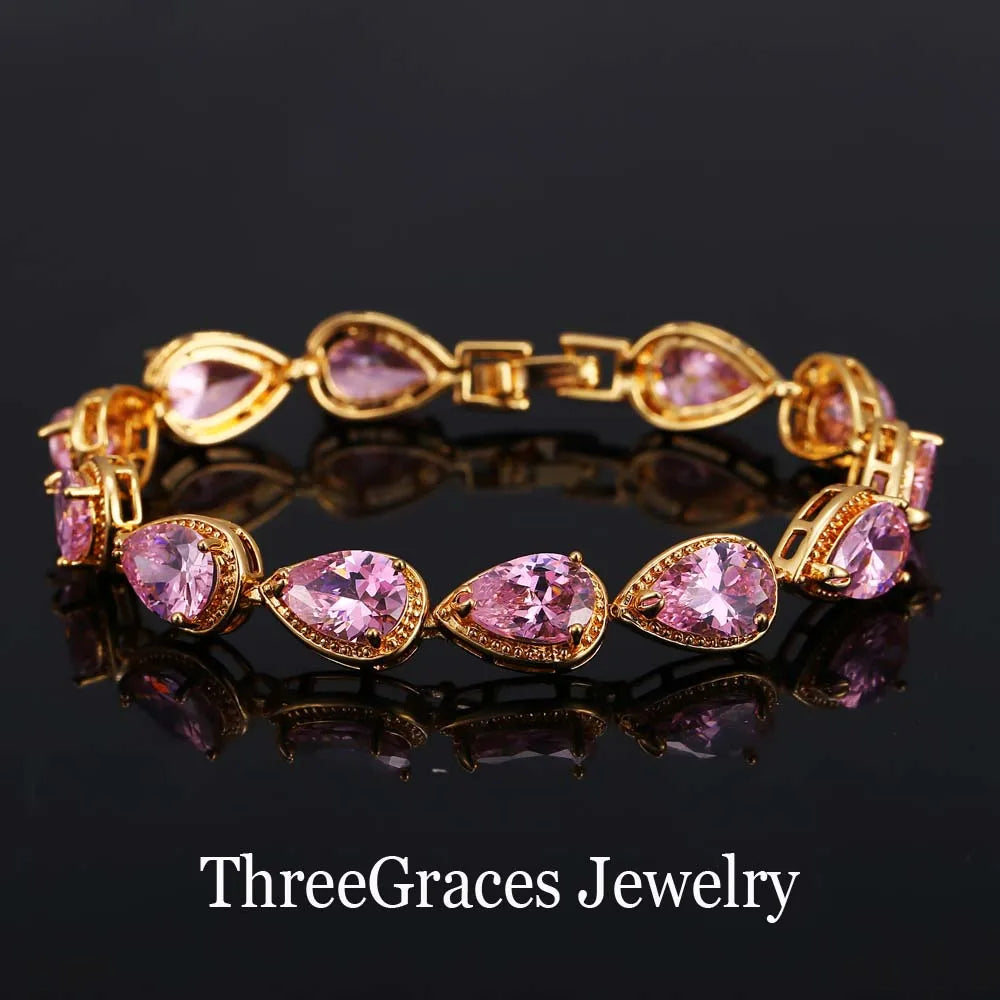ThreeGraces Fashion Shiny Purple Water Drop Cubic Zirconia Crystal Bridal Wedding Party Bracelet for Women Jewelry BR053