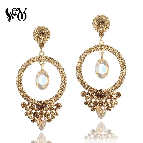 VEYO Luxury Crystal Earrings for Women Round Rhinestone Hollow out Drop Earrings New Arrival