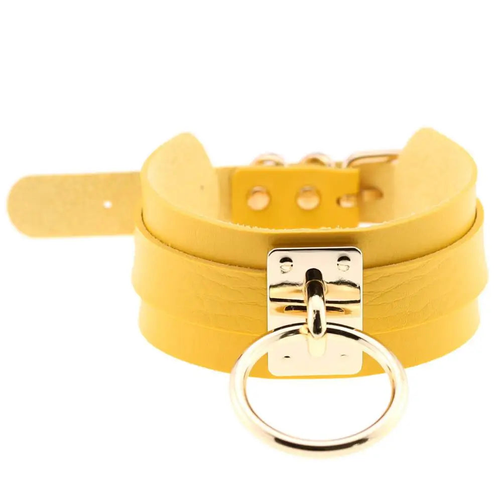 KMVEXO Women Men Cool Handmade Oversize Choker Necklace Fetish O Round Metal Gold Color Leather Collar Bondage Harness Necklaces