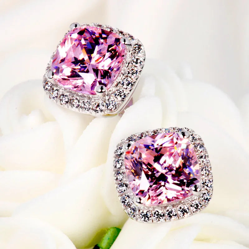 Luxury Female Crystal Zircon Stone Earrings Fashion Silver Color Yellow Double Stud Earrings For Women