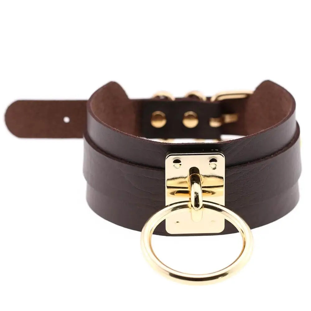 KMVEXO Women Men Cool Handmade Oversize Choker Necklace Fetish O Round Metal Gold Color Leather Collar Bondage Harness Necklaces