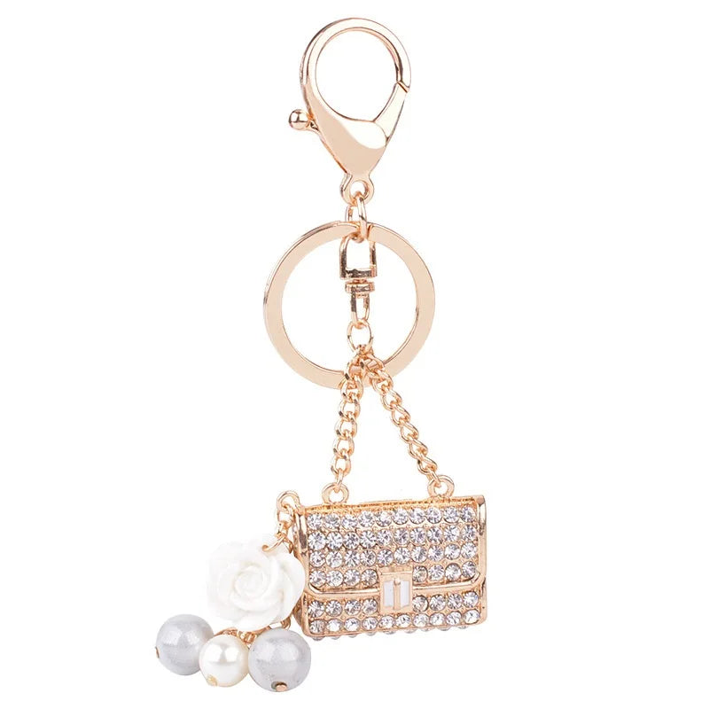 2025 Fashion Crystal bag Shape Flower Rhinestone Keychain for Women's bags Pendants Decoration Accessories Car keyrings Jewelry