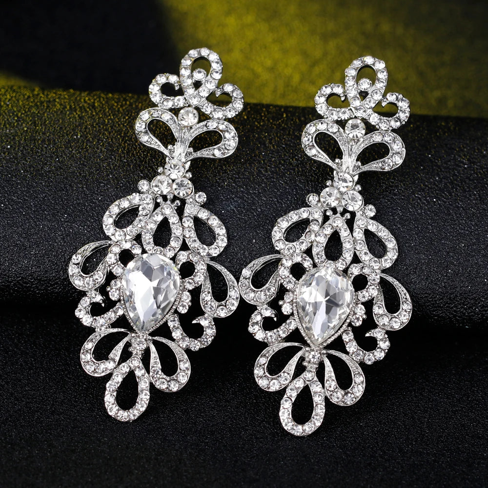 TREAZY Luxury Crystal Floral Bridal Long Earrings Silver Color Rhinestones Wedding Party Drop Earrings Femme Jewelry Accessories
