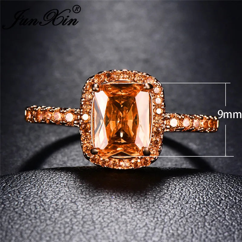 Cute Fashion Female Big Square Rose Gold Champagne Zircon Stone Jewelry For Women Promise Love Engagement Rings