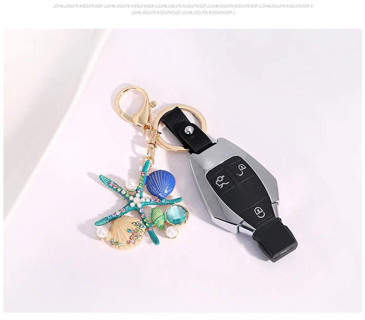 EASYA 2 Colors Sea World Crystal Starfish Keychain Fashion Simulated Pearl Shell Keyring Holders For Women Bag Car Key Chains