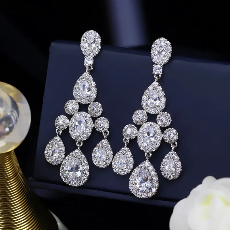 ThreeGraces Luxury Bridal CZ Jewelry Brilliant Cubic Zirconia Crystal Long Dangling Wedding Chandelier Earrings for Brides ER168