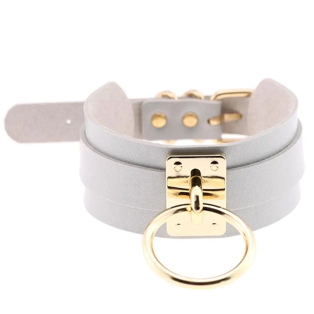 KMVEXO Women Men Cool Handmade Oversize Choker Necklace Fetish O Round Metal Gold Color Leather Collar Bondage Harness Necklaces