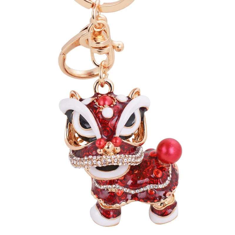 EASYA Chinese Lion Dance Chinatown GIFTS Rotatable Car Keychain Crystal Lucky Mascot Key Chain Ring  Souvenir